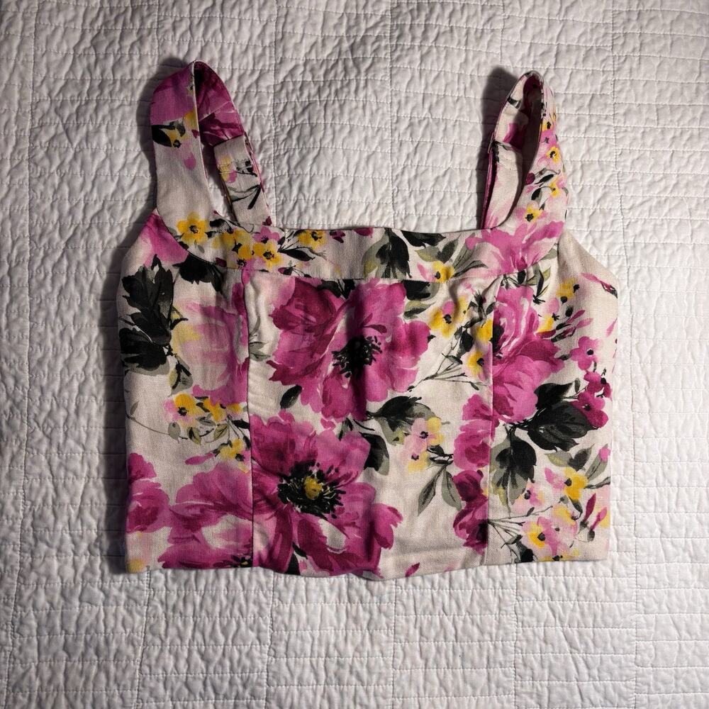 Abercrombie & Fitch Linen Blend Set Top Pink Floral Square Neck Crop Cami Small